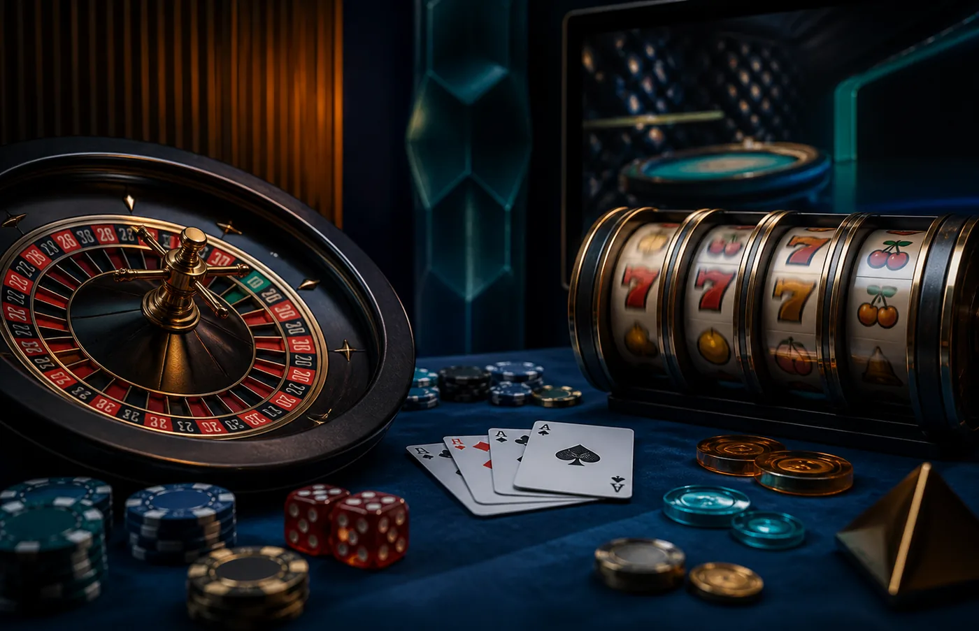 Composição editorial com roleta, cartas e caça-níqueis