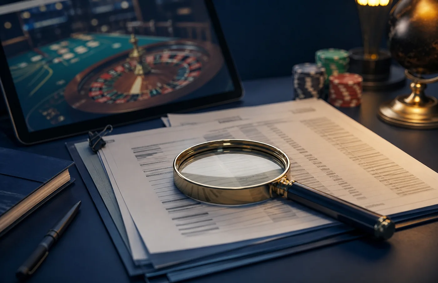 Lupa sobre registro público ao lado de tela de cassino